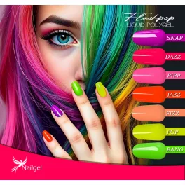   Colección Liquid Polygel FLASHPOP de 7 piezas en tarro con dispensador, con regalo – paleta de muestra (margarita).  