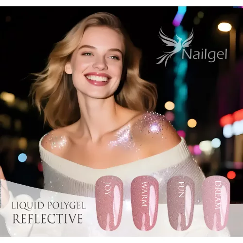 Colección Liquid Polygel REFLECTIVE  de 4 piezas en tarro con dispensador, con regalo – paleta de muestra (margarita).  
