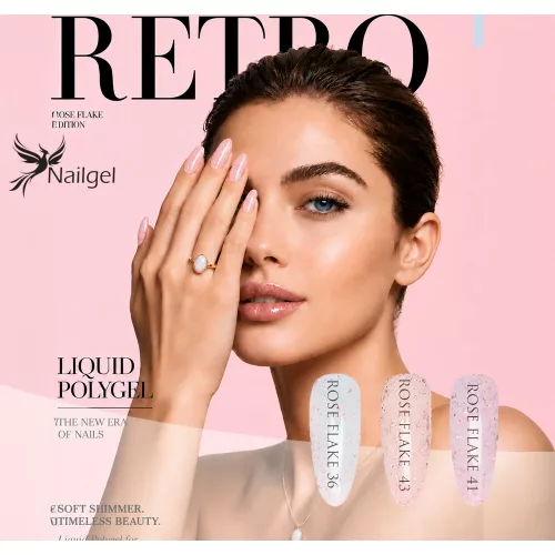 RETRO Polygel Líquido Rose Flake – Colección de 3 piezas en envase con dosificador, con muestrario tipo margarita de regalo