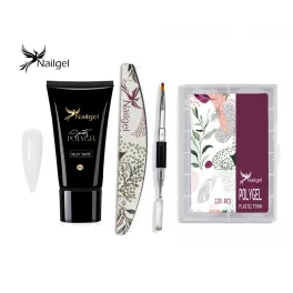 Juego de uñas Polygel con gel BLANCO LECHOSO y accesorios