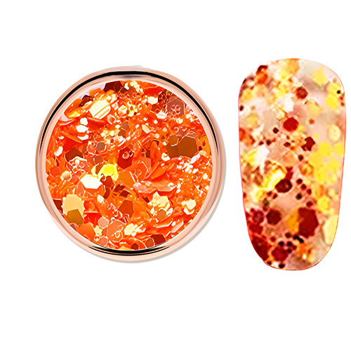 Purpurina decorativa en color naranja brillante, hexagonal, en tamaños mixtos