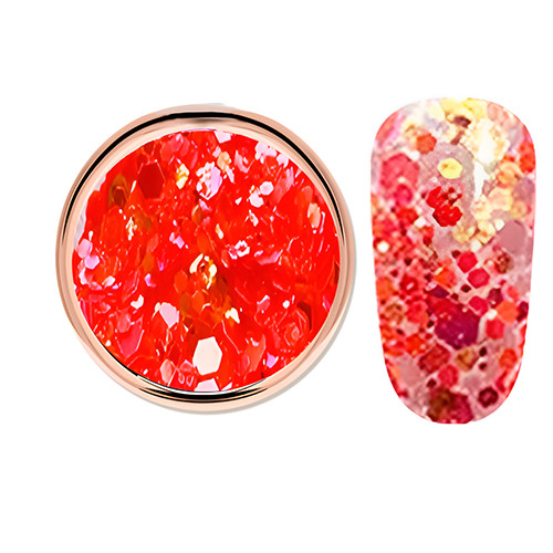 Purpurina decorativa en color rojo brillante, hexagonal, en tamaños mixtos