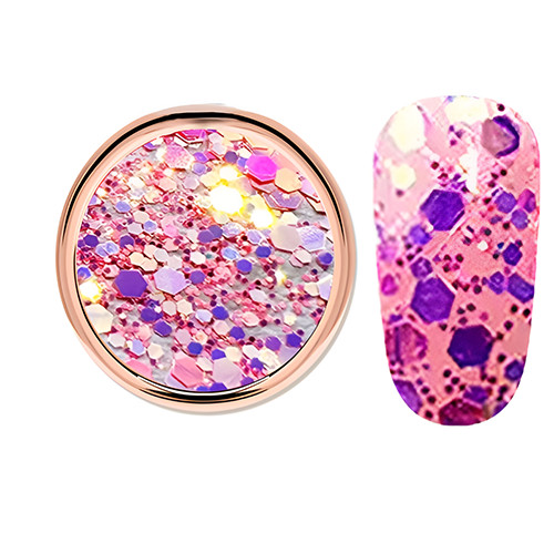 Purpurina decorativa en color lila brillante, hexagonal, en tamaños mixtos
