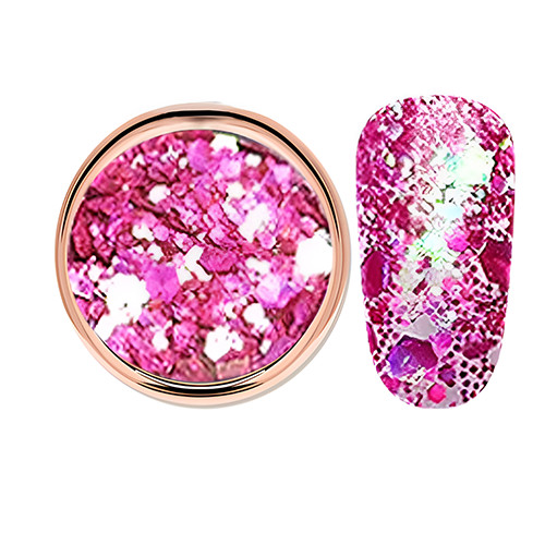 Purpurina decorativa en color rosa brillante, hexagonal, en tamaños mixtos